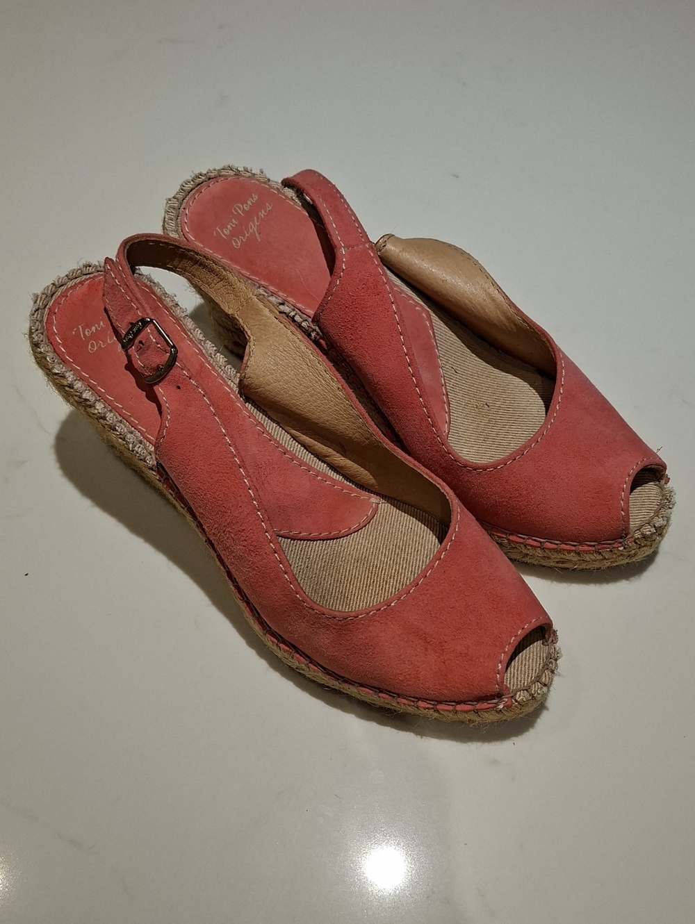 Toni Pons Pink/Coral Super Soft Suede Peep-toe Jute Espadrilles (EU 37/US 7)